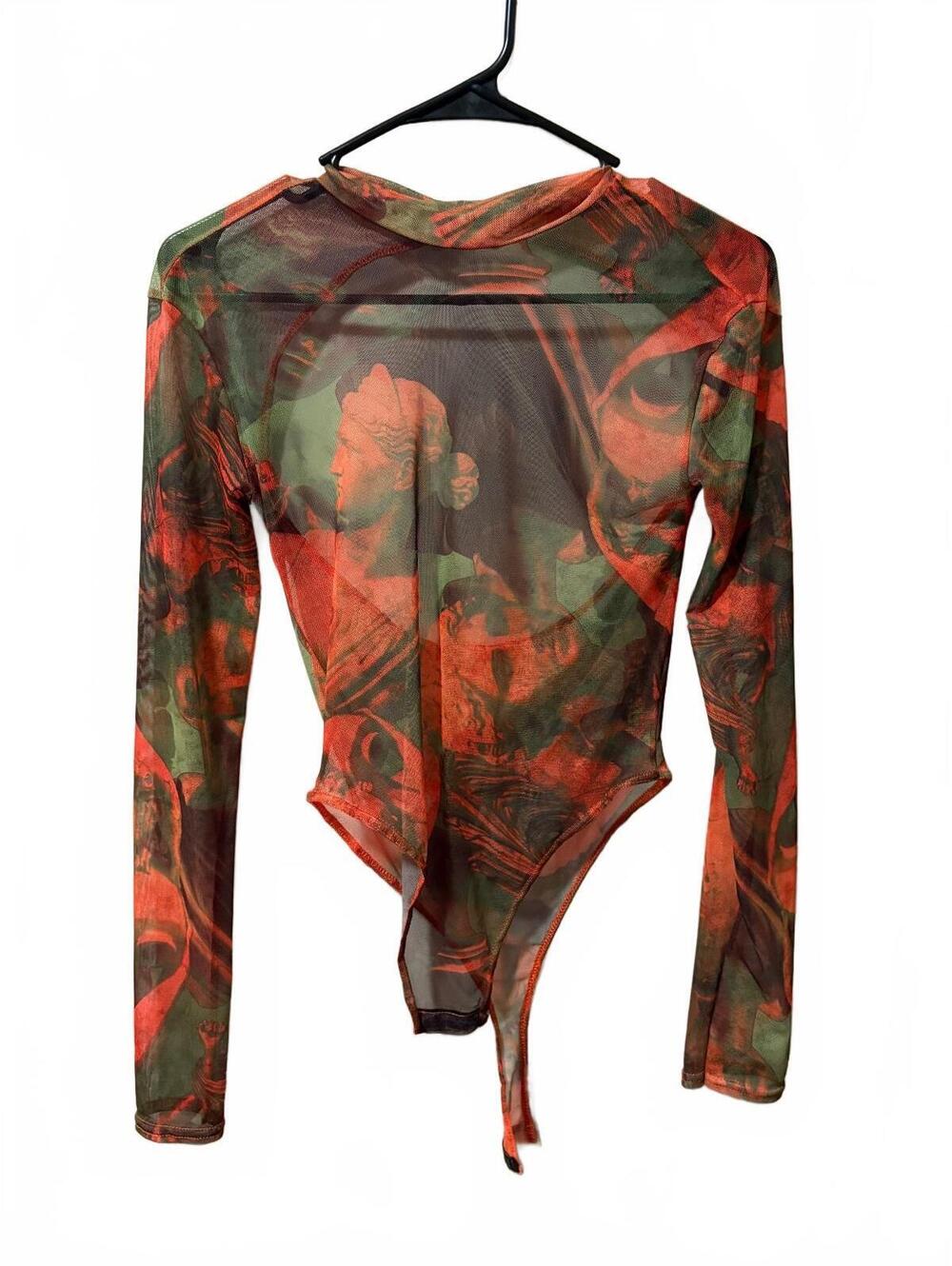 Y2K Renaissance Graphic Mesh Bodysuit Orange Green Sheer Mock Neck Top 4